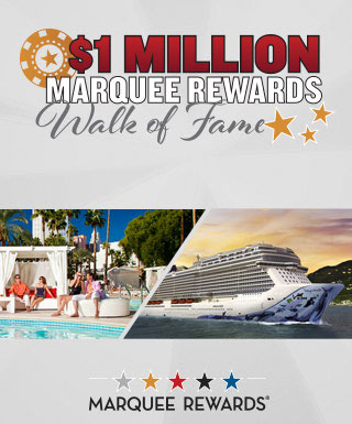 "$1 Million Marquee Rewards Walk of Fame" on a gray background with pictures of the Tropicana Pool and a Norwegian Cruise Line ship below it.