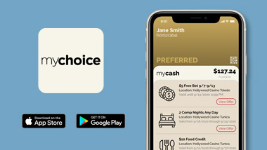 Screenshot of the mychoice app with information found on the app. mychoice logo and "Download on the App Store" & "Get It On Google Play" buttons