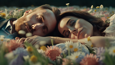 a young couple laying in a field surrounded by lots of money & flowers.
